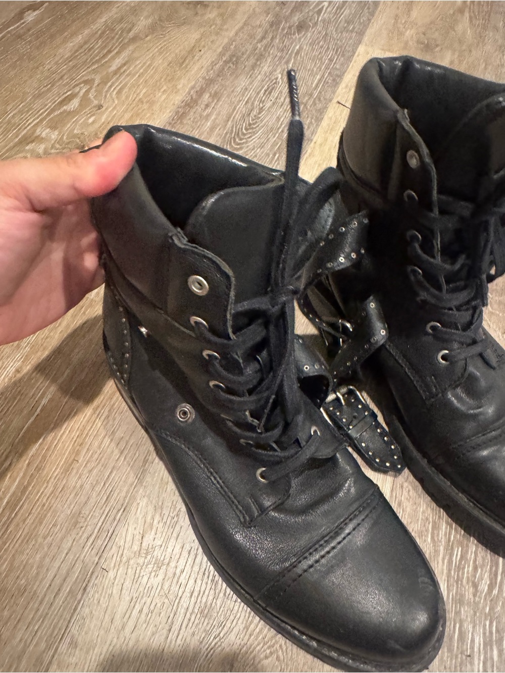 Frye Samantha Black Studded Buckle Leather Hiking Boots - Picture 4 of 9